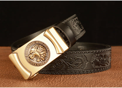 Gold - Black / 105 cm Lion King Alloy Buckle Leather Belt for Men - skyjackerz