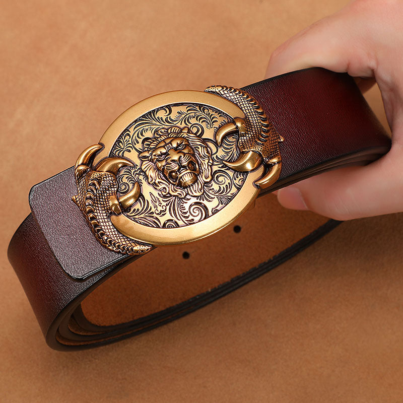 Gold - Brown / 110 cm Exotic Lion Totem Alloy Leather Belt For Men - skyjackerz