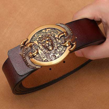 Gold - Brown / 110 cm Exotic Lion Totem Alloy Buckle Leather Belt for Men - skyjackerz