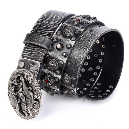Black / 105 cm Men's Retro Designer Leather Belt with Rivets - skyjackerz