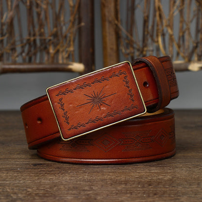 Black / 100 cm Men's Retro Smooth Buckle Genuine Leather Belt - skyjackerz