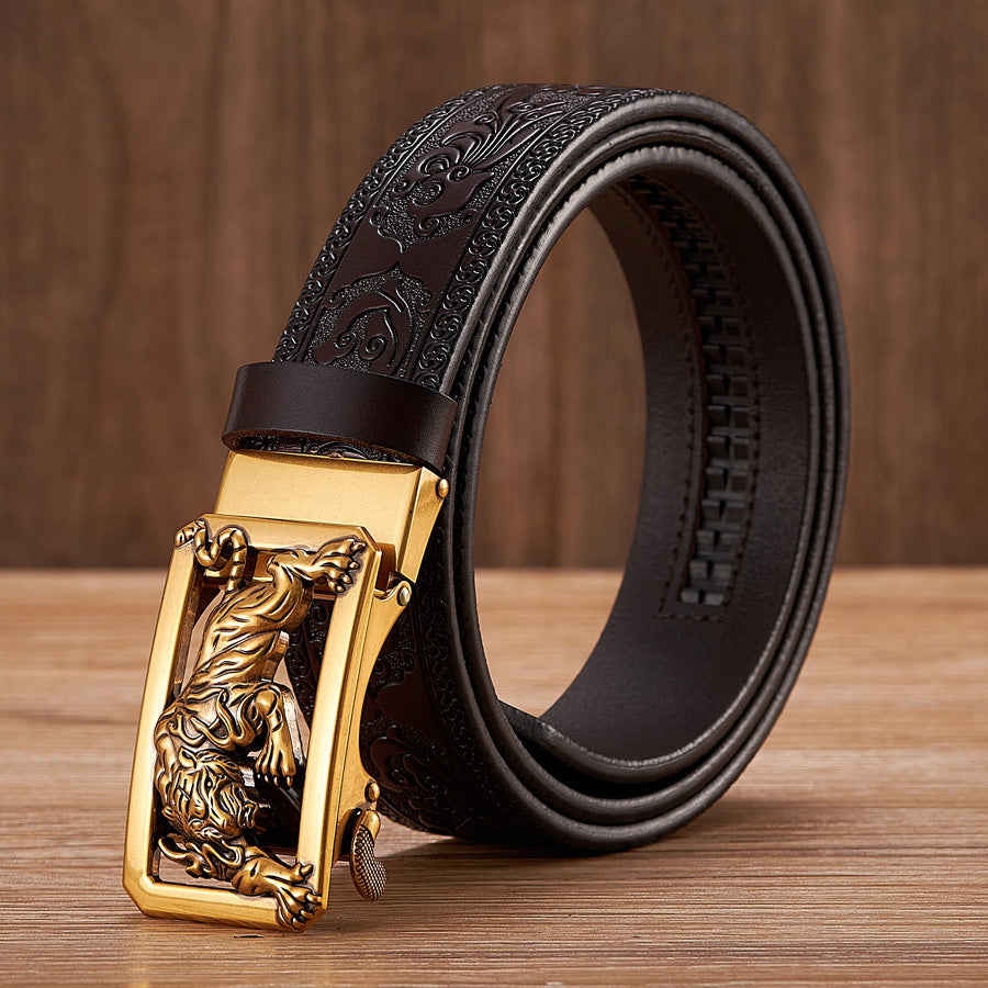 Gold - Coffee / 100 cm Tiger Automatic Embossed Leather Belt For Men - skyjackerz