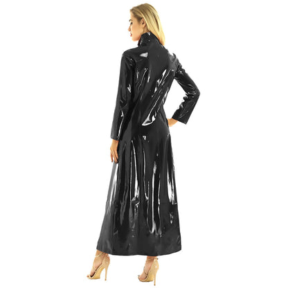 Women's Wet look Long Leather Dress - skyjackerz