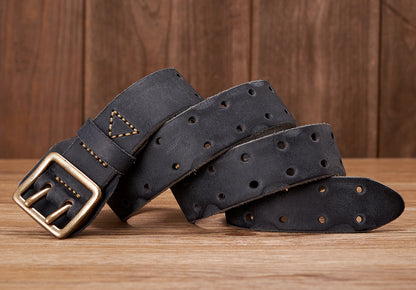 Khaki / 105 cm Men's Handmade Leather Belt with Stap Buckle - skyjackerz
