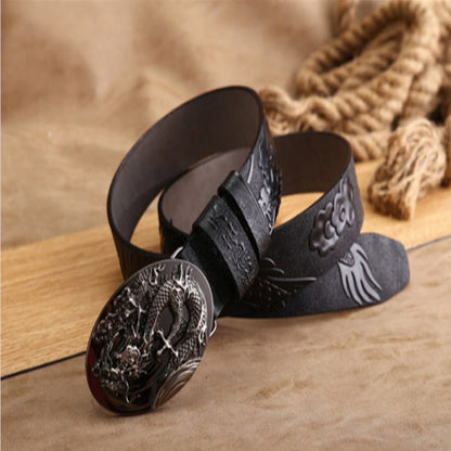 Black Buckle - Black / 100 cm Handmade Leather Belt for Men - Chinese Dragon Design - skyjackerz