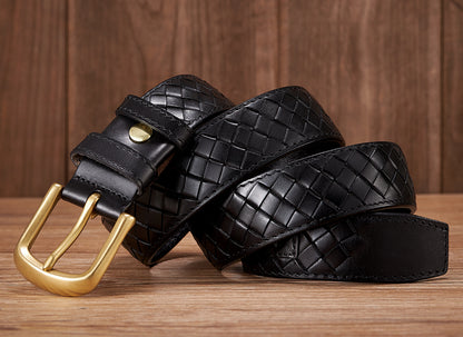 Black / 100 cm Men's Braided Woven Leather Belt - Cowboy Style - skyjackerz