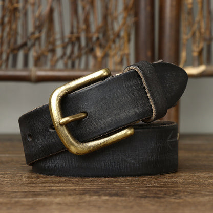 Black / 105 cm Men's Stylish Brass Buckle Leather Waistband - skyjackerz