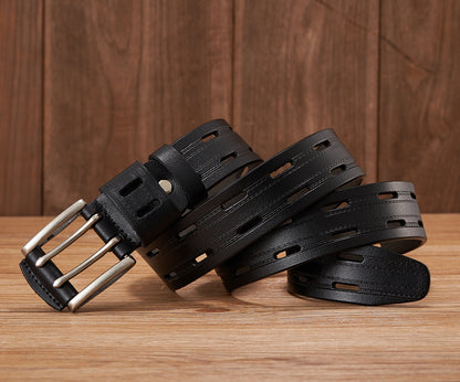 Black - 3.8 cm / 105 cm Men's Fancy Leather Belt with Double Pin Buckle - skyjackerz