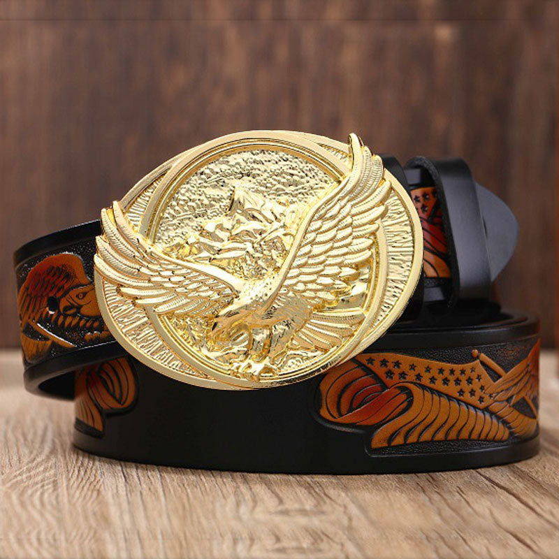 Eagle Buckle - Gold / Black / 105 cm Eagle Embossed Leather Men's Cowskin Belt - skyjackerz