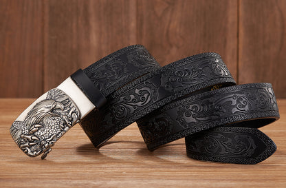 Gold - Black / 100 cm Men's Automatic Leather Belt with Eagle Alloy Buckle - skyjackerz