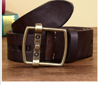 Reddish Brown / 105 cm Men's Vintage Brass Buckle Leather Belt - skyjackerz