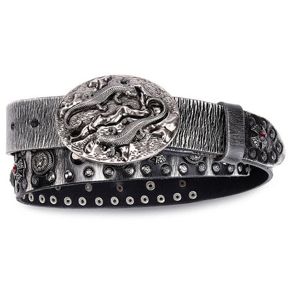 Black / 105 cm Men's Retro Designer Leather Belt with Rivets - skyjackerz