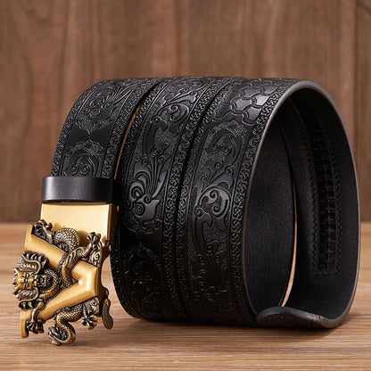 Golden V Black / 100 cm Men's Automatic Leather Belt with Dragon Alloy Buckle - skyjackerz