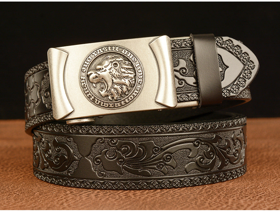 Silver - Black / 105 cm Lion King Alloy Buckle Leather Belt For Men - skyjackerz