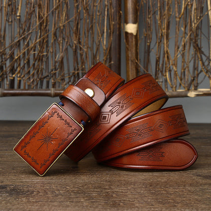 Black / 100 cm Men's Retro Smooth Buckle Genuine Leather Belt - skyjackerz