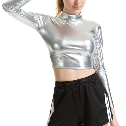 Silver / S Women Leather Glossy Club Top - skyjackerz