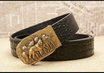 Gold - Black / 105 cm Luxury Automatic Leather Belt for Men - Wolf Pack Design - skyjackerz