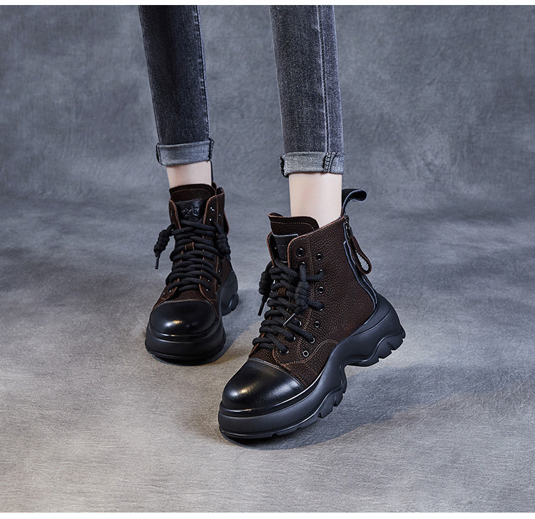 Black / 4 Women's Chunky Leather Boots - skyjackerz