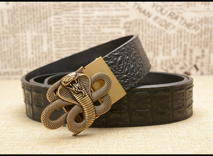 Gold - Black / 105 cm Designer Automatic Leather Belt for Men - Cobra Buckle - skyjackerz