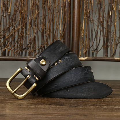 Black / 105 cm Men's Stylish Brass Buckle Leather Waistband - skyjackerz