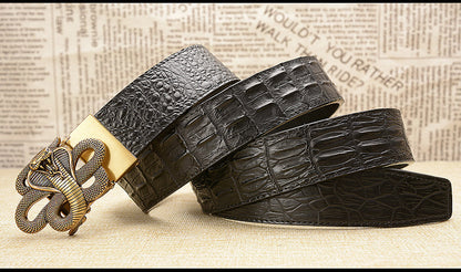 Gold - Black / 105 cm Designer Automatic Leather Belt for Men - Cobra Buckle - skyjackerz