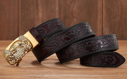 Gold - Black / 100 cm Men's Automatic Leather Belt with Eagle Alloy Buckle - skyjackerz