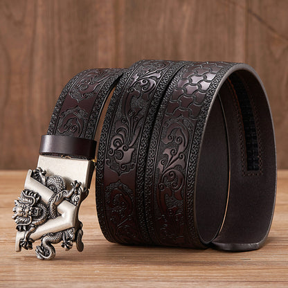 Golden V Black / 100 cm Men's Automatic Leather Belt with Dragon Alloy Buckle - skyjackerz