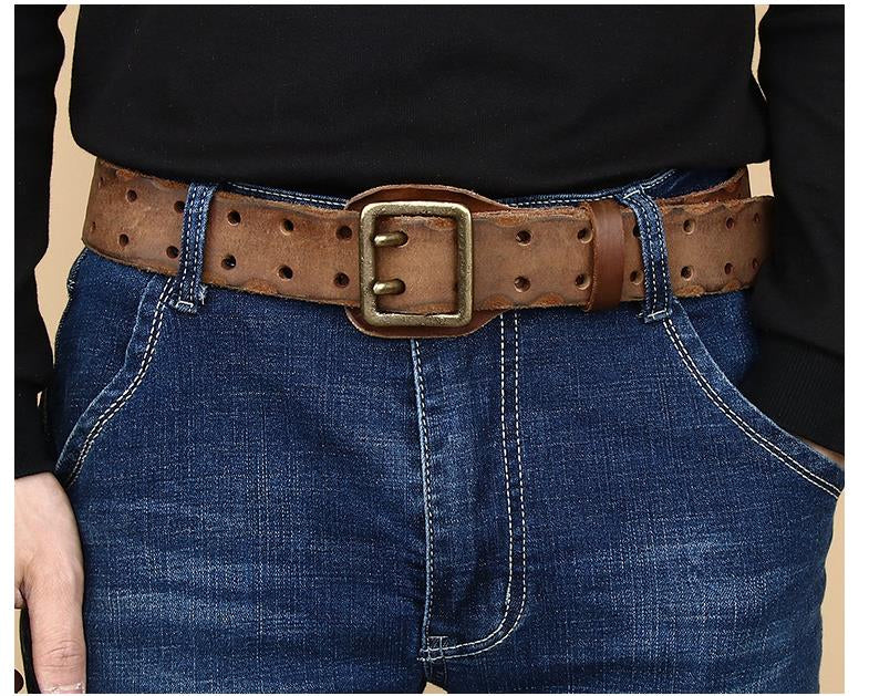 Men's Distressed Leather Double Pin Belt - skyjackerz