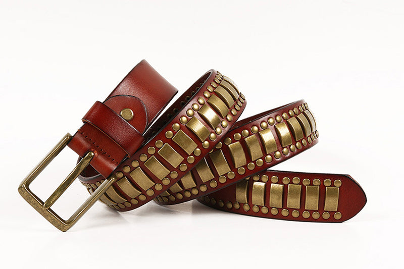 Red Brown / 105 cm Rivet Studded Cowskin Leather Belt For Men - skyjackerz