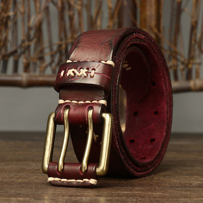 Brown / 105 cm Men's Exquisite Brass Buckle Leather Belt - skyjackerz