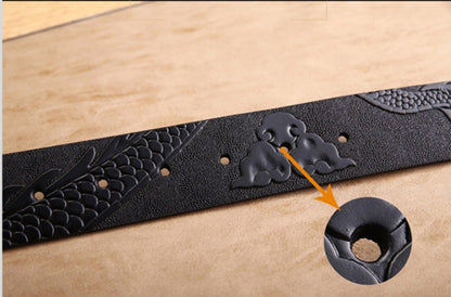 Black Buckle - Black / 100 cm Handmade Leather Belt for Men - Chinese Dragon Design - skyjackerz
