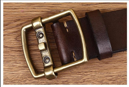 Reddish Brown / 105 cm Men's Vintage Brass Buckle Leather Belt - skyjackerz