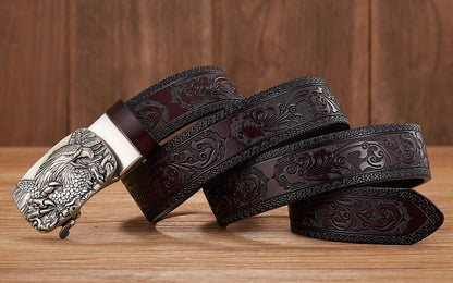 Gold - Black / 100 cm Men's Automatic Leather Belt with Eagle Alloy Buckle - skyjackerz