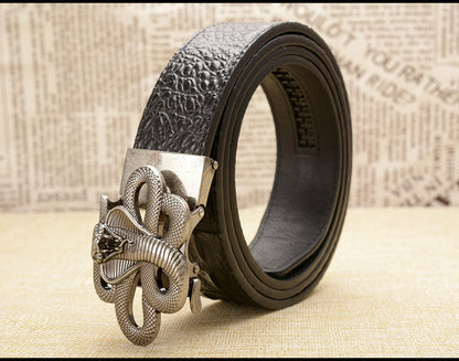 Silver - Black / 105 cm Designer Automatic Leather Belt for Men - Cobra Buckle - skyjackerz