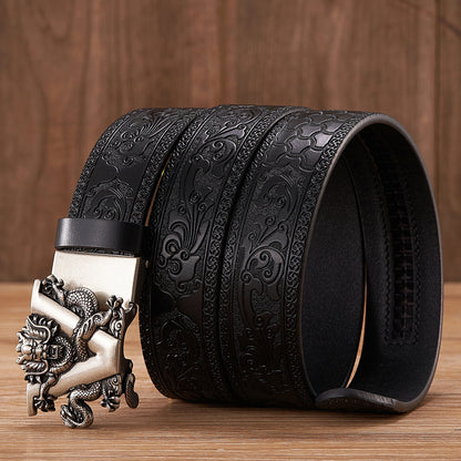 Golden V Black / 100 cm Men's Automatic Leather Belt with Dragon Alloy Buckle - skyjackerz