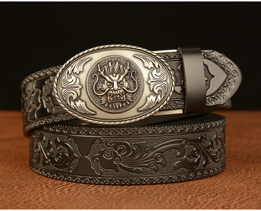 Silver - Black / 110 cm Chinese Dragon Totem Alloy Leather Belt For Men - skyjackerz