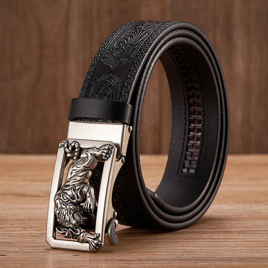 Silver - Black / 100 cm Tiger Automatic Embossed Leather Belt For Men - skyjackerz