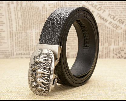 Gold - Coffee / 105 cm Luxury Automatic Leather Belt for Men - Wolf Pack Design - skyjackerz