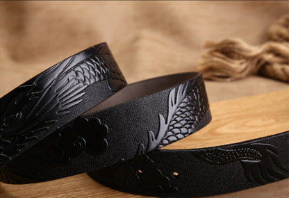 Black Buckle - Black / 100 cm Handmade Leather Belt for Men - Chinese Dragon Design - skyjackerz
