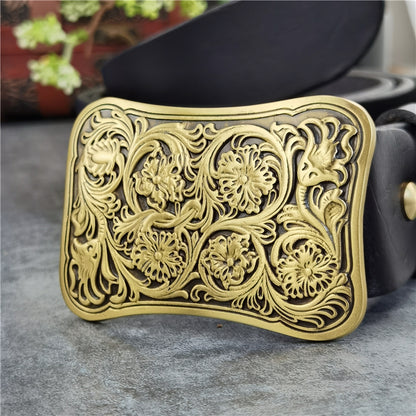 Yellow Brown / 95 cm Luxury Carved Leather Belt for Men - Floral Design - skyjackerz