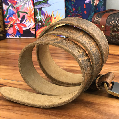 Yellow Brown / 95 cm Men's Brass Buckle Leather Belt - Monkey King Design - skyjackerz