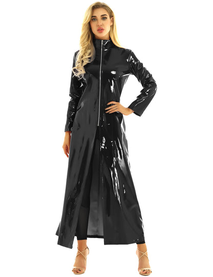 Women's Wet look Long Leather Dress - skyjackerz
