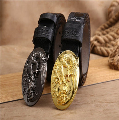 Black Buckle - Black / 100 cm Handmade Leather Belt for Men - Chinese Dragon Design - skyjackerz