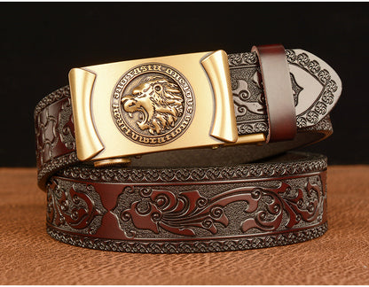 Gold - Brown / 105 cm Lion King Alloy Buckle Leather Belt for Men - skyjackerz