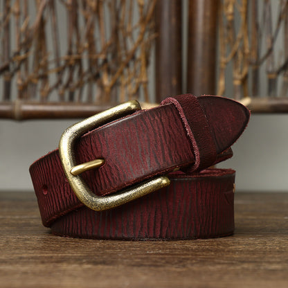 Black / 105 cm Men's Stylish Brass Buckle Leather Waistband - skyjackerz