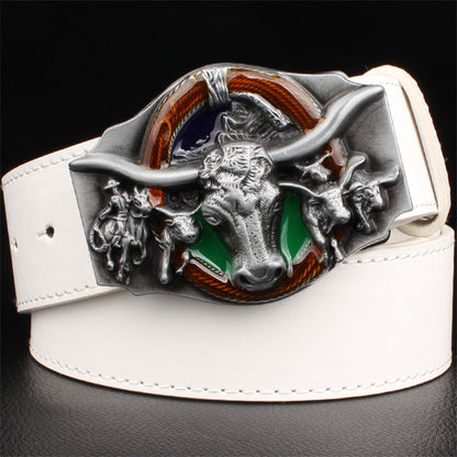 B - White / 105 cm Cowboy Style Men's Genuine Leather Belt - skyjackerz