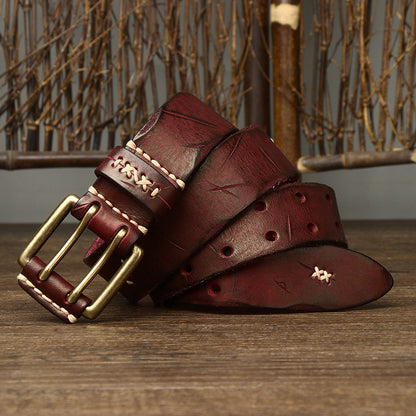 Brown / 105 cm Men's Exquisite Brass Buckle Leather Belt - skyjackerz