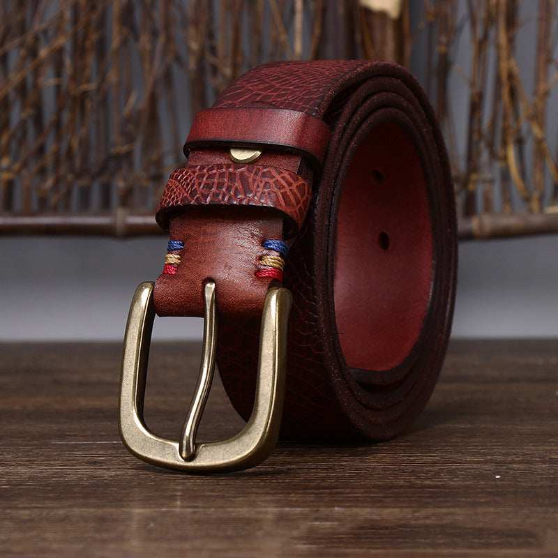 Brown / 105 cm Men's Designer Brass Buckle Leather Belt - skyjackerz