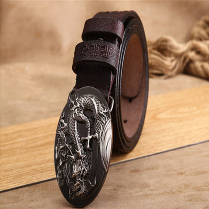 Black Buckle - Black / 100 cm Handmade Leather Belt for Men - Chinese Dragon Design - skyjackerz