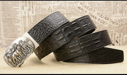 Gold - Black / 105 cm Luxury Automatic Leather Belt for Men - Wolf Pack Design - skyjackerz